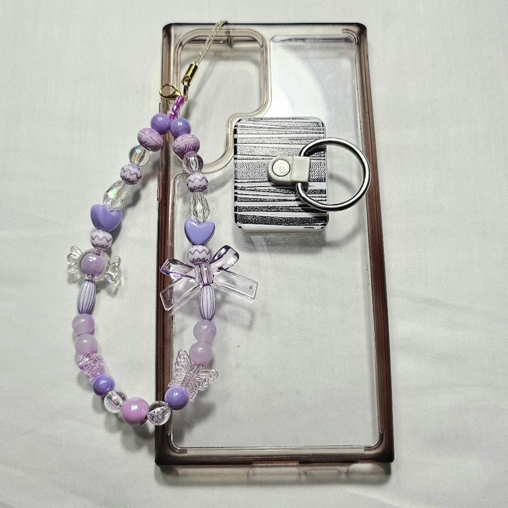 Pastel Purple Iridescent Girly Dainty Barbiecore Beaded Phone Charm Wrist Strap